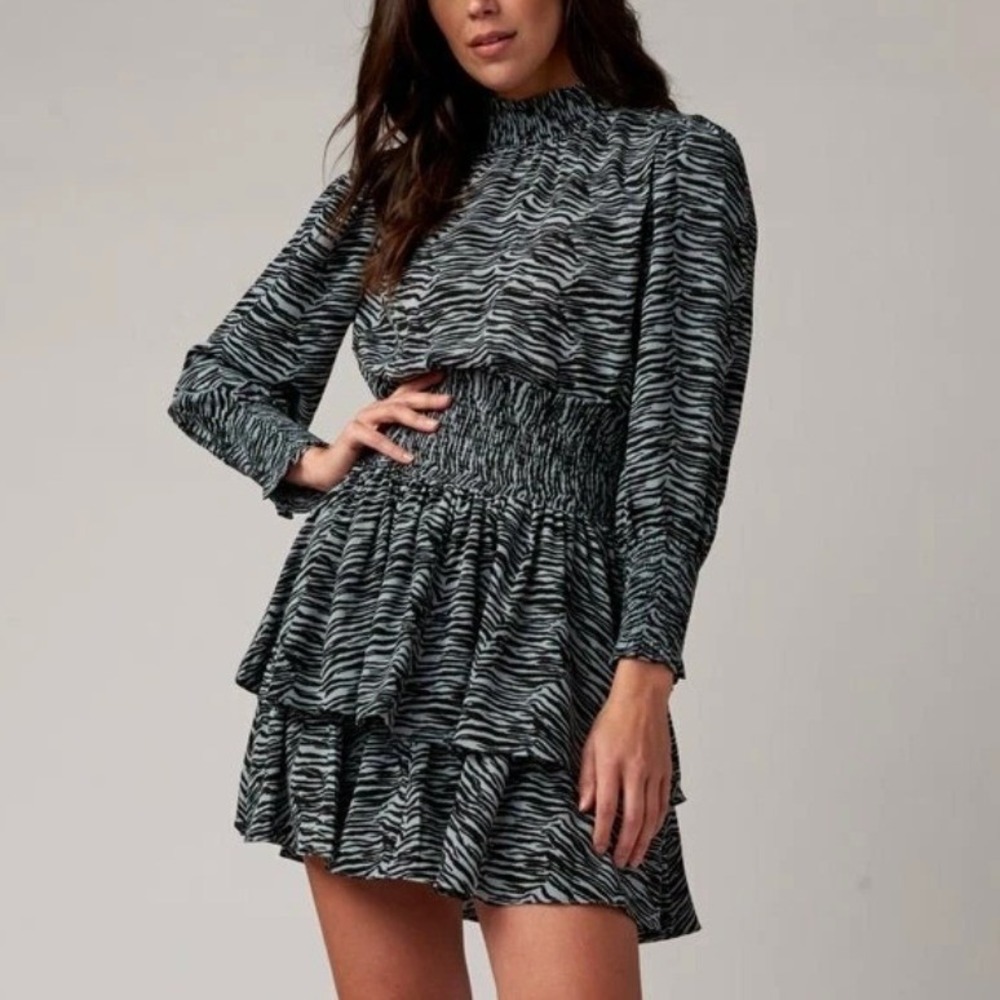 Rebecca‎ Taylor Ruffle Mini Dress Medium Blue Zebra Print Smocked Waist Tiered